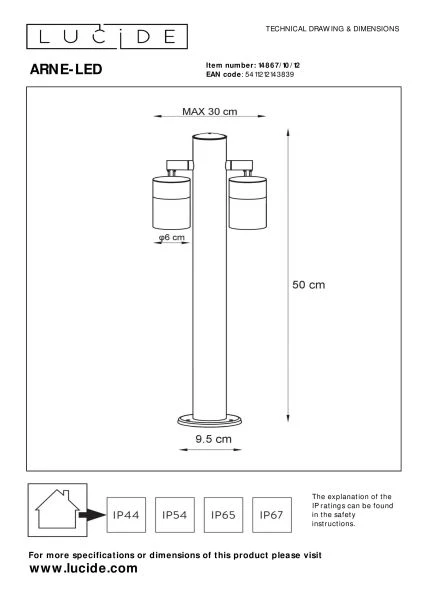 Lucide ARNE-LED - Sokkellamp - Ø 6,3 cm - LED - GU10 - 2x5W 2700K - IP44 - Mat chroom - technisch